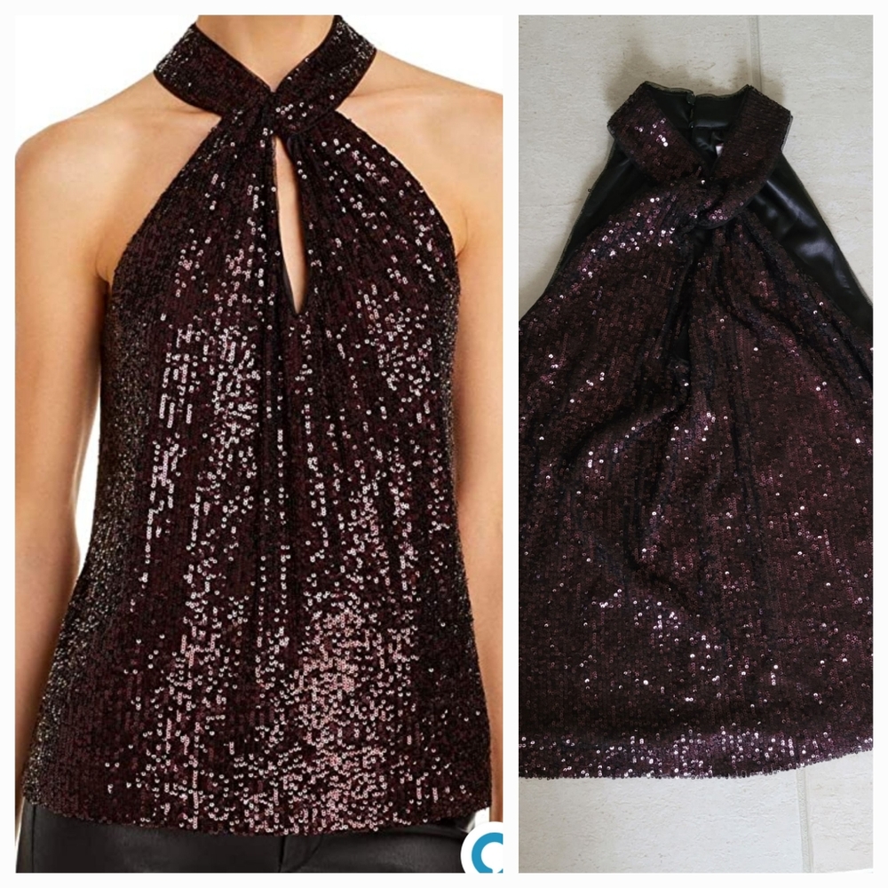 Parker Dallas Womens Sleeveless Sequin Halter Burgundy Top